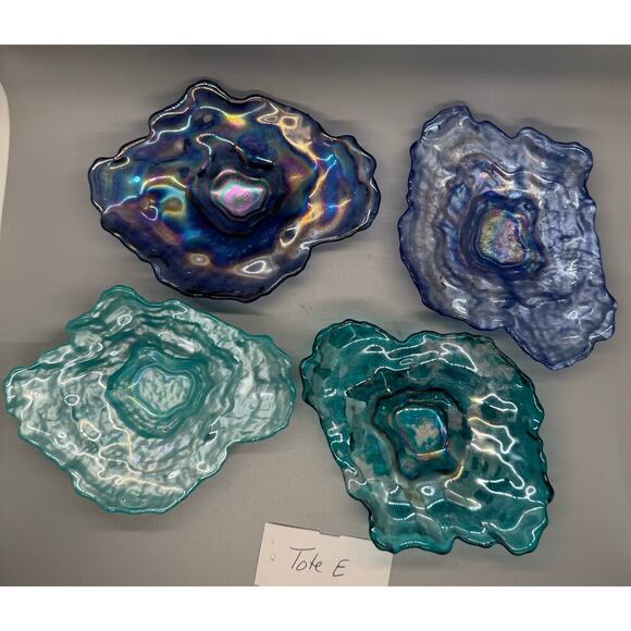 Four Vietri Ostrica Art Glass Oyster Shell Teal Blue Textured Trinket Dish 6.5” - Picture 1 of 12